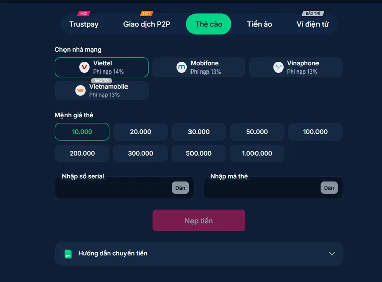 Hướng dẫn nạp tiền qua thẻ cào tại RikVip